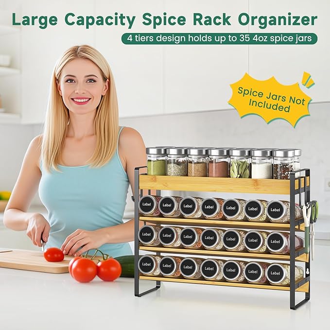 EsLuker.ly Spice Seasoning Rack Organizer Kitchen Countertop, 4 Tier Bamboo Spice Shelf Holder Storage with 4 Hooks, Wall Mounted Freestanding Stand for Pantry, Quick Spice Access(Jars Not Included)