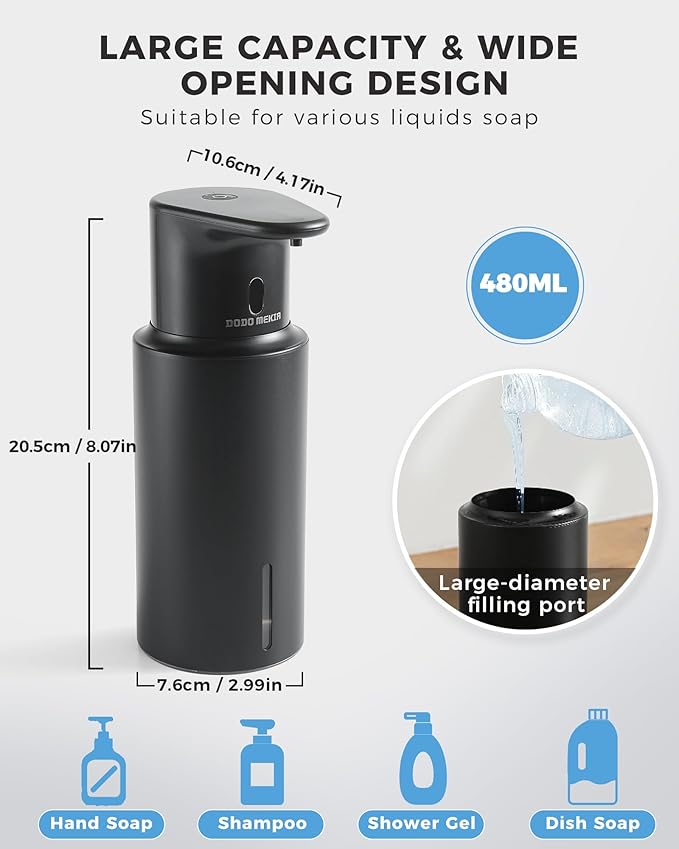 Automatic Liquid Soap Dispenser Touchless, 304 Stainless Steel Bottle Body &16.2oz/480ml Rechargeable, 3 Adjustable Liquid Levels, IPX7 Waterproof, for Kitchen Bathroom, Black