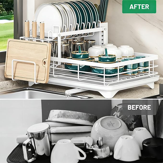 BCWW Drying Rack Dishes Stainless Steel Large Capacity 2-Tier Drying Rack Kitchen Counter Organizer with Cup Holder, Utensil & Cutting Board Storage, Space Saving (White)