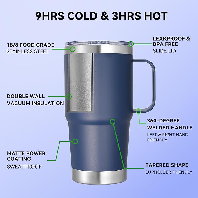 20 oz Stainless Steel Tumbler with Handle Bulk Metal Insulated Tumblers Travel Coffee Mug with Handle Double Wall Tumbler Cup with Lid and Straw, Navy 12 Pack