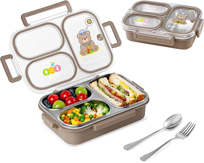 Stainless Steel Bento Lunch Box for Kids, 26.4 oz Leak-Proof 3-Compartment Metal Bento Box, BPA-Free, Cute Cartoon Meal Prep Snack Container with Utensils for School, Office, Travel - Brown
