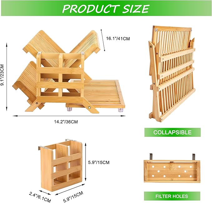 NOVAYEAH Bamboo Dish Drying Rack with Utensil Holder, Collapsible Wooden Dish Drainer Rack, 3-Tier Large Folding Drying Holder for Kitchen Counter 51 pcs Grid