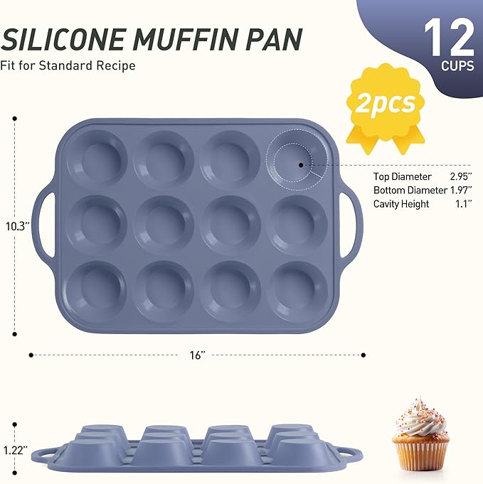 Socisen 2 Packs 12 Cups Silicone Muffin Pan with Metal Reinforced Frame Regular Size Cupcake Pan Tray Egg Bites Silicone Circle Cookie Molds Muffin Tin Bread Loaf Pans for Homemade Reusable Tart Pans