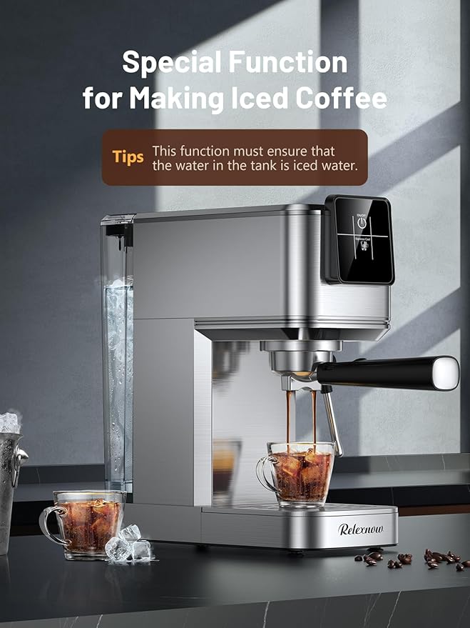 RELEXNOW Espresso Machine, 20 Bar Espresso Maker Milk Frother & LCD Panel, Hot & Iced Coffee Machine, Stainless Steel Espresso Coffee Machine with 41oz Water Tank for Cappuccino, Latte