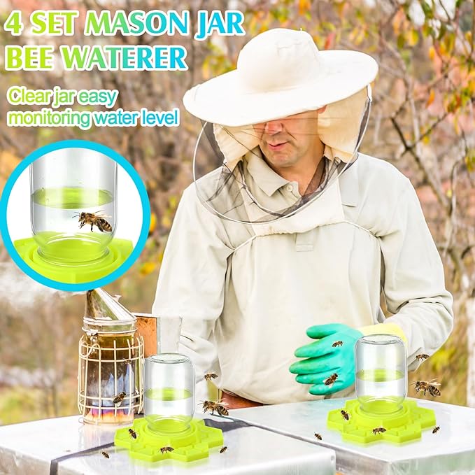 4 Pack Bee Feeder for Mason Jar Bee Watering Station Garden Silicone Sugar Water Feeder Beekeeping Drinking Equipment Tools with Mason Jars for Drinking Water(Yellow,Flower)