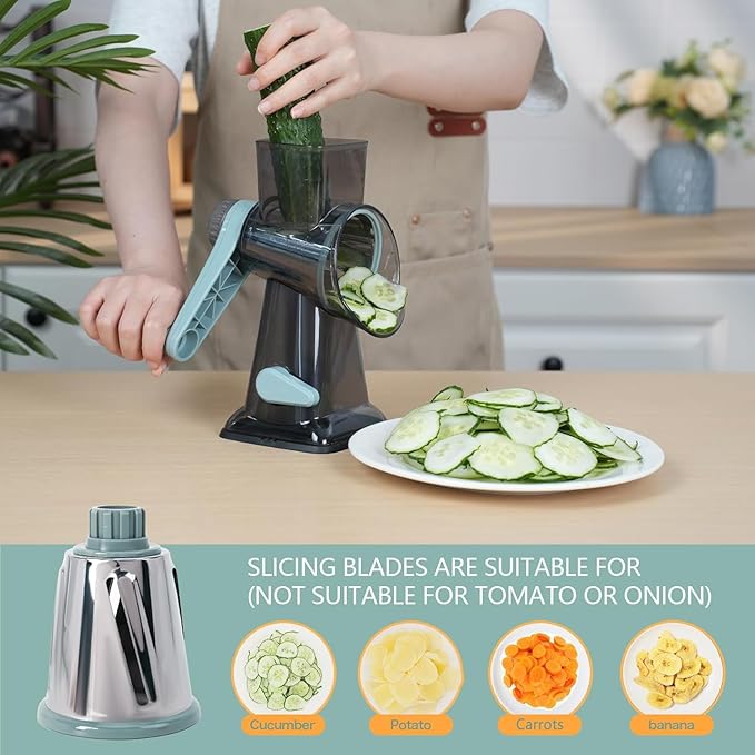 Rotary Cheese Grater Multi-Purpose Stainless Steel Shredder- Cheese Grater With handle Effortless Grating of Vegetables, Nuts and Fruits,with Suction Base and Cleaning Brush (blue)
