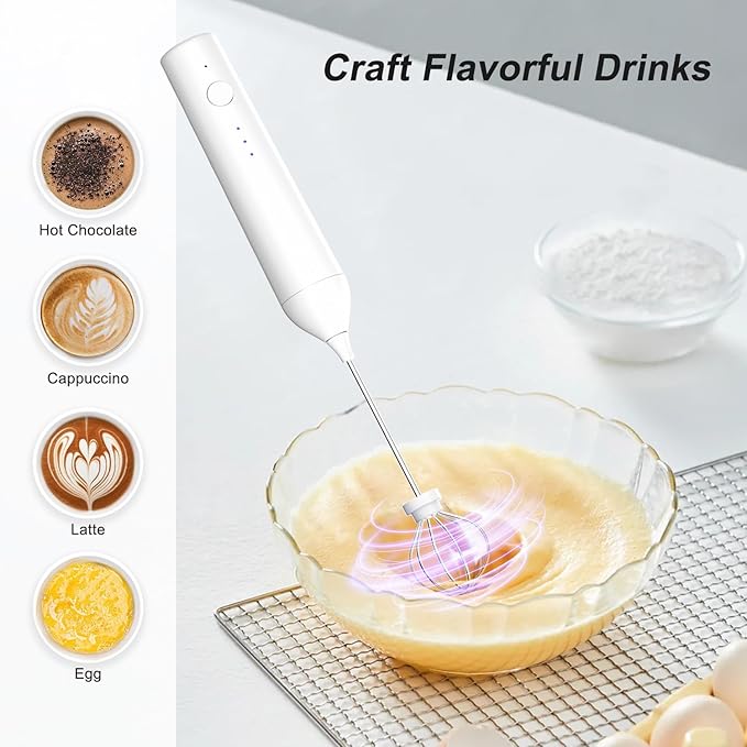 Rechargeable Milk Frother by ELMWAY, 3 Speed Electric Milk Frother Handled with Wand and Egg Whisk Attachments, for Coffee, Matcha and Protein Powder (White without Stand)
