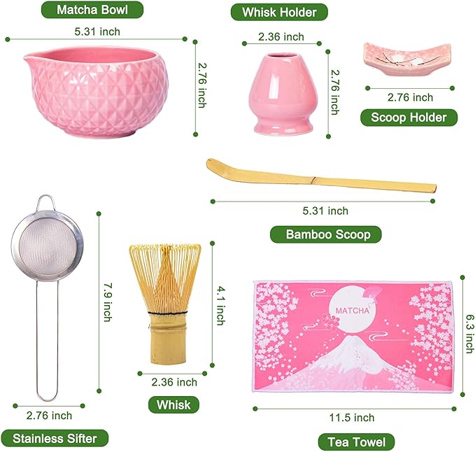 Matcha Whisk Bowl Set, 7PCS All-in-One Japanese Tea Set Includes Matcha Bowl with Spout, Bamboo Whisk (Chasen) with Stand, Scoop, Sifter, Complete Kit for Ceremony, Gift for Matcha Tea Lovers（Pink)