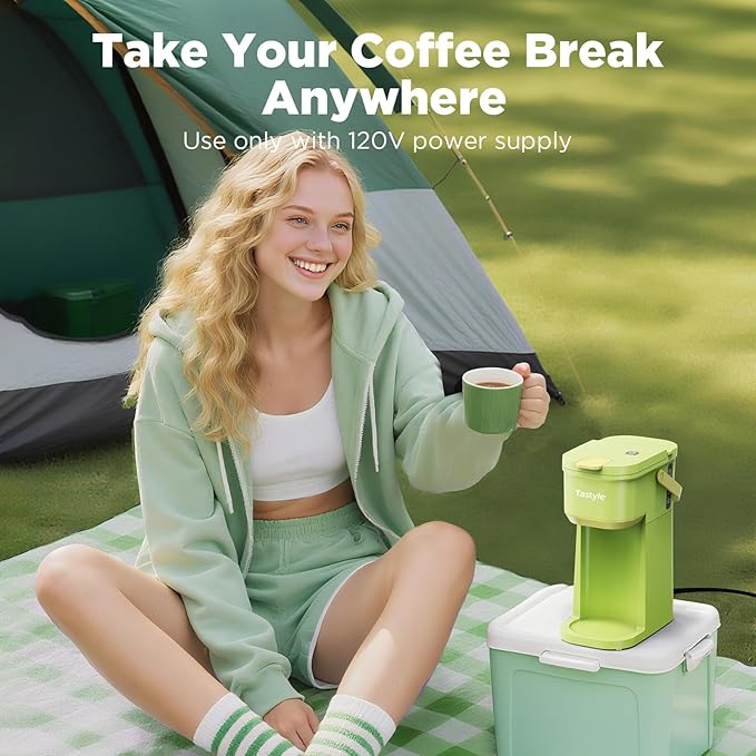 Tastyle Single Serve One Cup Coffee Maker, for K Cups and Grounds, Mini Coffee Maker with Portable Handle, 6 to 12 Oz Brew Size, for Travel, Camping, Office, RV and Dorm, 120V, Lime Green