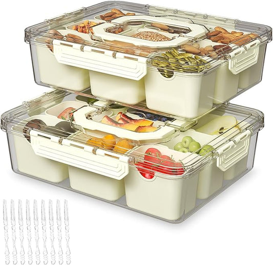 REBECAT Divided Serving Tray with Lid and Handles 9 Compartments Snack Box Container Charcuterie Organizer Snackle Box Container for Candy,Nuts，Fruits,Snacks,2 Pack,Beige