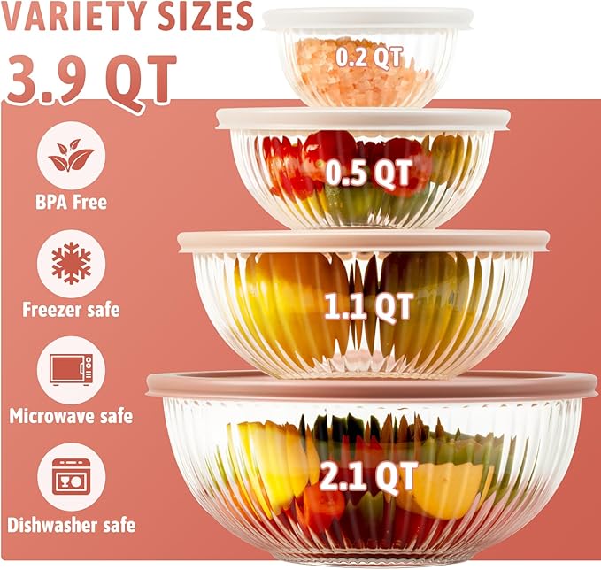 Freshmage Glass Mixing Bowls with Lids Sets, 4 Packs Glass Bowls with Lids for Kitchen Baking, Meal Prepping and Salad, Bpa Free and Dishwasher Safe Serving Bowls, 0.2/0.5/1.1/2.1
