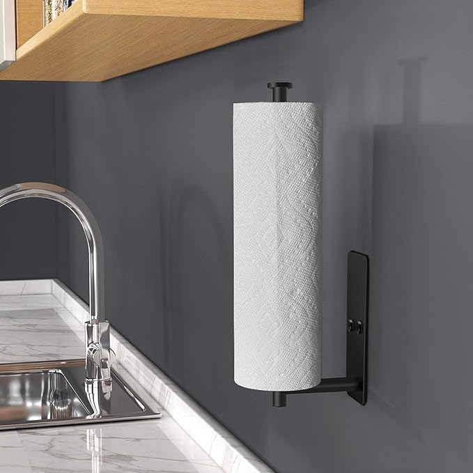 VAEHOLD Self Adhesive Paper Towel Holder Under Cabinet Mount, Wall Mount Paper Towel Roll Rack for Kitchen Cabinet, Bathroom, SUS304 Stainless Steel Black