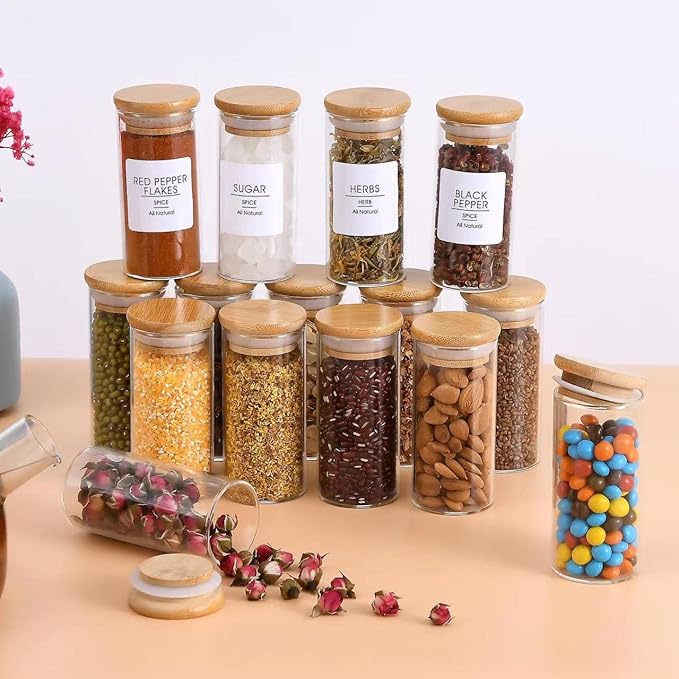 VIKEYHOME Spice Jars with Label, 20pcs 4 oz Glass Jars with Bamboo Airtight Lids, 200 Printed Spice Labels Waterproof Stickers for Seasoning Containers