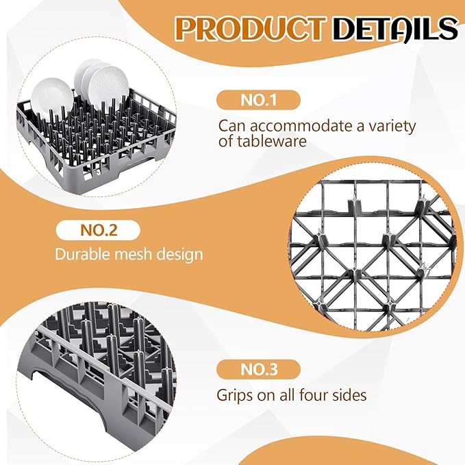 2 Pack Commercial Dishwasher Tray Rack Polypropylene Full Size Flatware Rack for Bowls Plates Knives Forks Cups (Peg Dish,Gray)