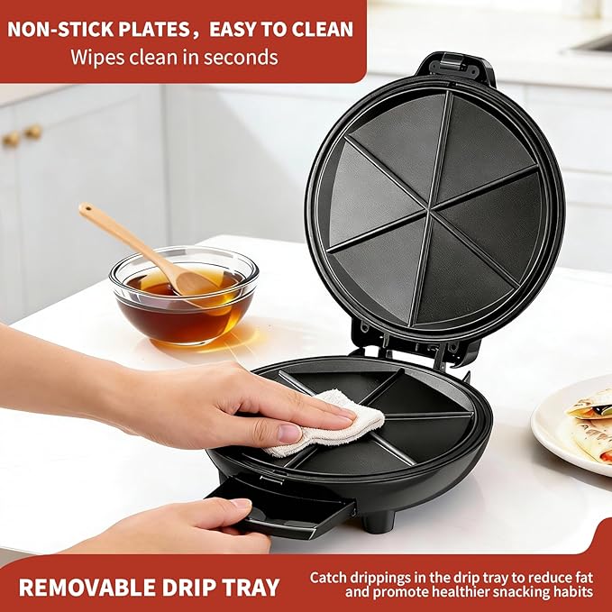 Electric Quesadilla Maker, 9.5'' Quesadilla Press with Easy Slice 6 Wedge, Non Stick Surface, Locking Latch For Extra Stuffing, Grilled Cheese Corn Flour Tortilla Snacks