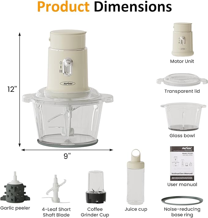 Sunvivi 250W Electric Food Chopper, 4 in 1 Food Grinder for Grinding Meat, Peeling Garlic & Juicing, Variable Speed Blender and Food Processor Combo with 1.5L Glass Bowl & 2 Cups (0.4L+0.2L), Beige
