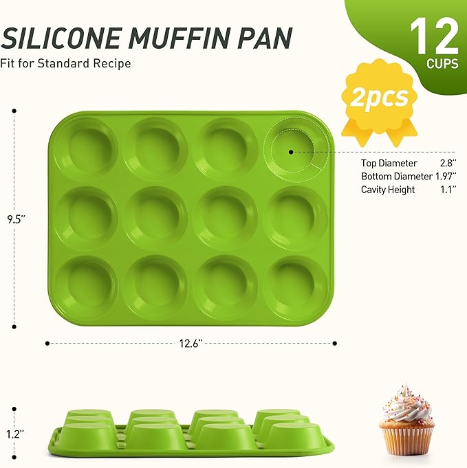 2 Pack 12 Cups Silicone Muffin Pan with Metal Reinforced Frame Regular Size Silicone Molds Cupcake Cake Baking Pans Cookie Baking Chocoflan Cupcake Mold Kitchen Baking Mold Tools for Cooking