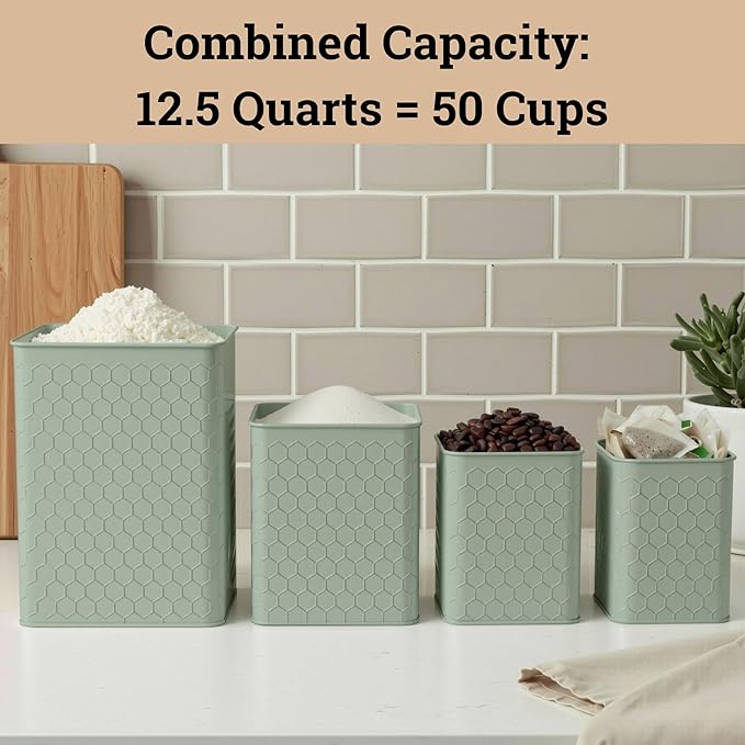Kitchen Canisters for Countertop Set of 4 - Textured Iron Kitchen Canisters with Airtight Lids - Flour Sugar Canister Set - Flour and Sugar Containers Farmhouse - Coffee Jar for Counter - Green Jar x4
