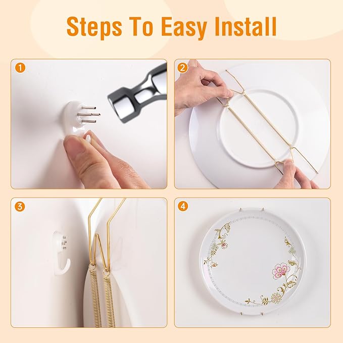 Bilillo 14 Pieces Plate Hangers for Wall - 8/10/12/14/16 Inch Invisible Plates Hanger, Stainless Steel Plate Holders with 14 Pieces Wall Hooks for 7.5 to 20 Inch Decorative Plates and Arts
