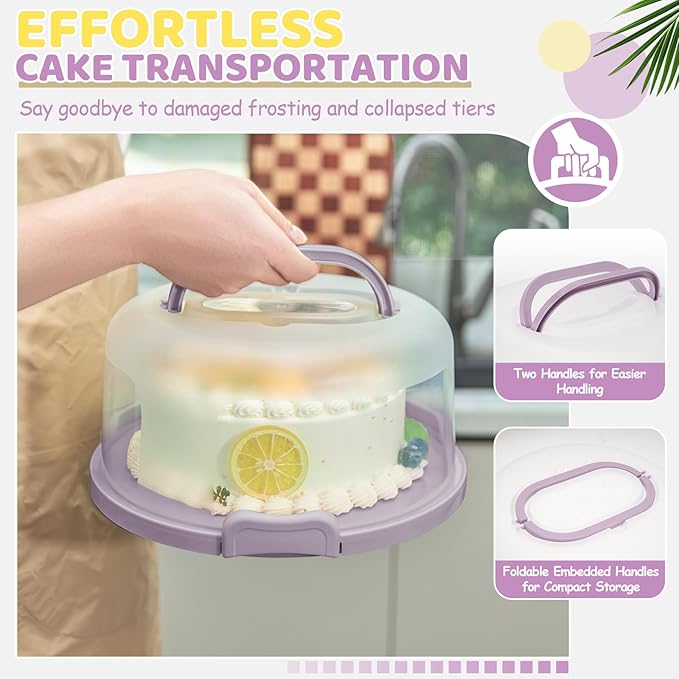 Ohuhu Cake Holder, BPA-Free Cake Carrier with Lid and Handle Cake Transport Container Portable Cake Keeper Two Sided Base for Pies Cookies Nuts Fruit etc - Suitable for 10 inch Cake Gifts
