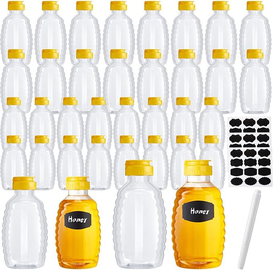 36 Pieces 8/16 oz Honey Bottles Squeeze Honey Bottles Clear Plastic Honey Bottles Honey Jar Container with 36 Pcs Chalkboard Labels and and 1 Pcs Pen Honey Holder with Flip Lid for Dispensing Food
