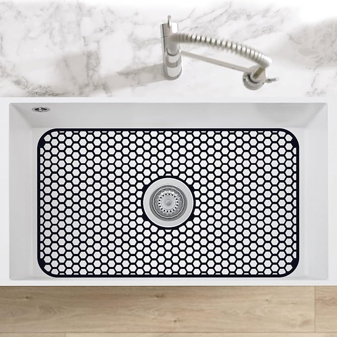 Bestjing Silicone Sink Protectors for Kitchen Sink with Center Drain, 26"x 14" Kitchen Grid Accessory, Non-Slip Heat-Resistant Mat for Bottom of Farmhouse Porcelain Stainless Steel (Center Hole,Black)