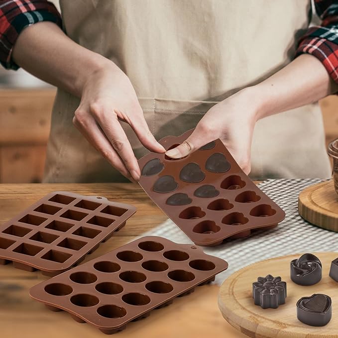 Puyeipt 4 Pcs Silicone Chocolate Molds, Non-Stick Candy Molds for Making Bite Size Chocolates, Candies, Truffles, Gummies, Jelly (Heart, Sunflower, Rose, Square, Swirl Shaped)