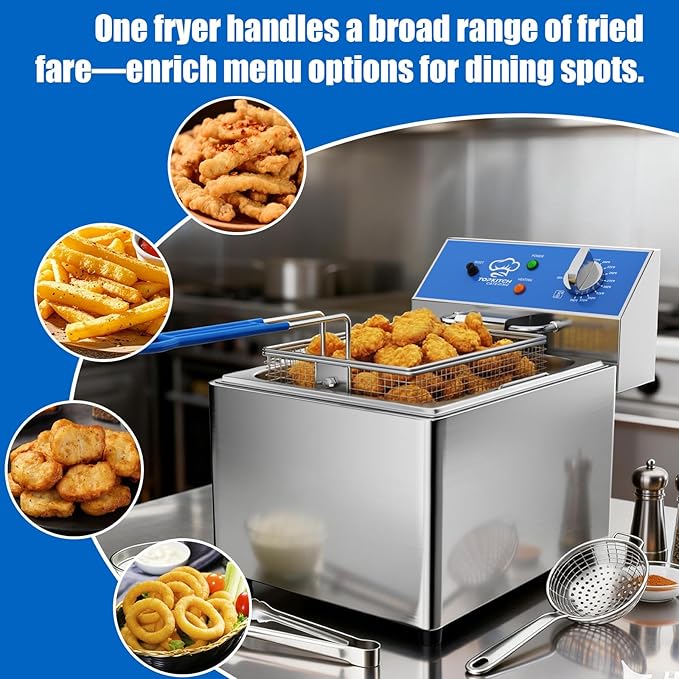 TOPKITCH 8L Professional Electric Fryer, 1800 W Commercial Electric Fryer Made of Stainless Steel with Basket, Temperature Control 80-200 °C, Fast Heating for Restaurant and Home