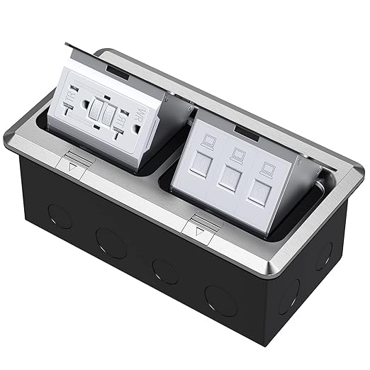 KYHSHJ Dual Pop-Up Floor Electrical Outlet Box Kit，20 Amp Stainless Steel GFCI TR Receptacle Outlet，3-Port RJ45 Datacom Receptacle，Silver