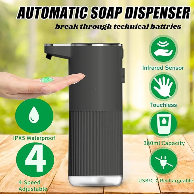 Automatic Soap Dispenser, Touchless Foaming Soap Dispenser Bathroom,Upgrade Hand & Dish Electric Dispenser Adjustable Waterproof Wall Mount Kitchen Auto Soap Pump for Thin & Thick Liquid(Black)
