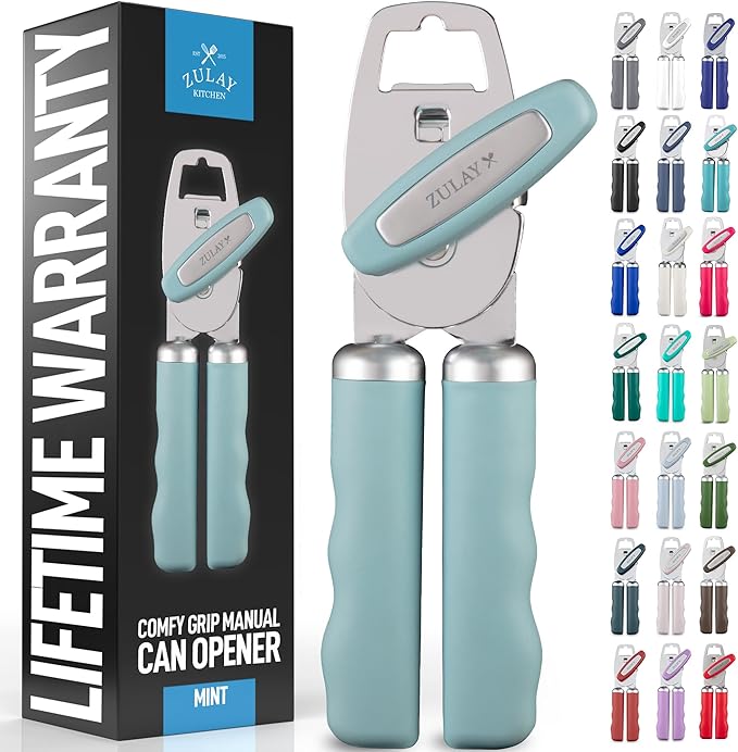 Zulay Kitchen Heavy Duty Stainless Steel Can Opener Manual with Bottle Opener - Rust Proof Manual Can Opener With Turn Knob & Comfy Soft Grip Handles - Mint