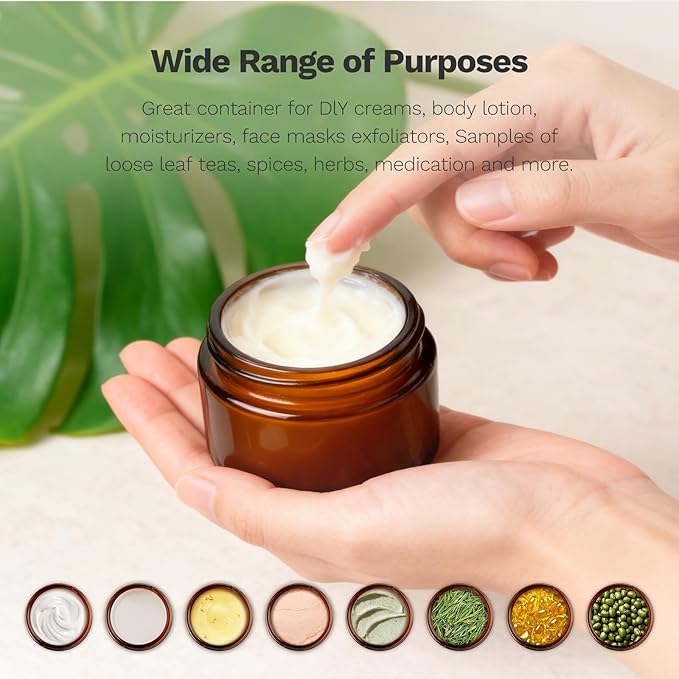 1 oz Glass Jars with Lids, Bumobum 48 pack Amber Cream Jars with Black Lids, Black and White Labels & Inner Liners, Empty Cosmetic Containers for Homemade Balms, Lotion, Salve, Ointment, Body Scrub