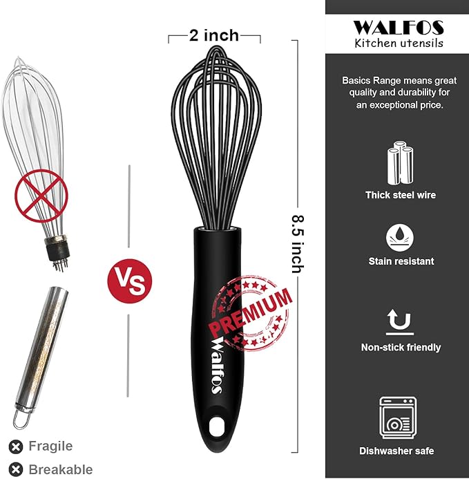 Walfos Silicone Whisk, Stainless Steel Wire Whisk - Heat Resistant Kitchen Whisks for Non-stick Cookware, Balloon Egg Beater Perfect for Blending, Whisking, Beating, Frothing & Stirring, 8.5", Black