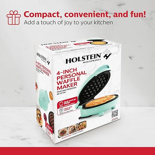 Holstein Housewares Personal/Mini Waffle Maker, Non-Stick Coating, Mint - 4-inch Waffles in Minutes, Ideal for Breakfast, Brunch, Lunch or Snacks
