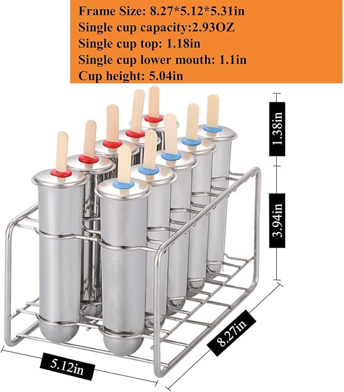 10Pcs Stainless Steel Popsicle Molds and Rack Ice Cream Popsicle Molds with 10 Round Ice Pop Makers + 100 Reusable Bamboo Sticks + 20 Bags + 1 Cleaning Brush + 1 Rack (Silver (Round))