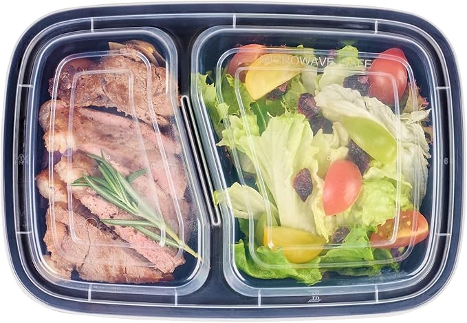 Restaurantware Asporto 32 Ounce Compartment Take Out Boxes 100 Microwavable Meal Prep Containers - 2 Compartments With Clear Plastic Lids Black Plastic Food Containers Do Not Contain BPA