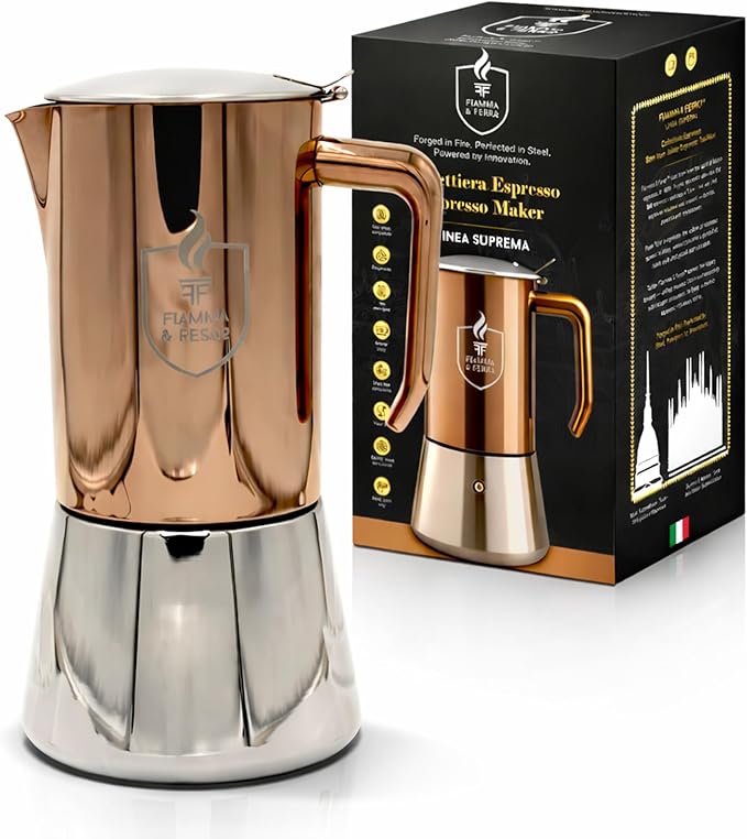 FIAMMA & FERRO Premium Italian Espresso Maker - 12-Cup (20oz) Stainless Steel Moka Pot, Copper PVD Finish, Induction Compatible, No Aluminum