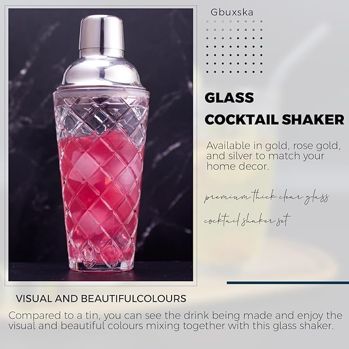Cocktail Shaker Set, 14.2oz Glass Martini Shaker with Strainer - Includes Measuring Jigger, Mixing Spoon and Muddler - Perfect for Making Cocktails and Protein Shakes (Silver)
