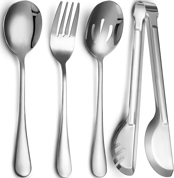 Patelai 4 Pieces Christmas Stainless Steel Silver Serving Utensils Set 8.7" Large Spoons and Slotted Spoon 9.45" Tong 9" Forks Flatware Wedding Party Buffet Banquet Cooking Kitchen Catering