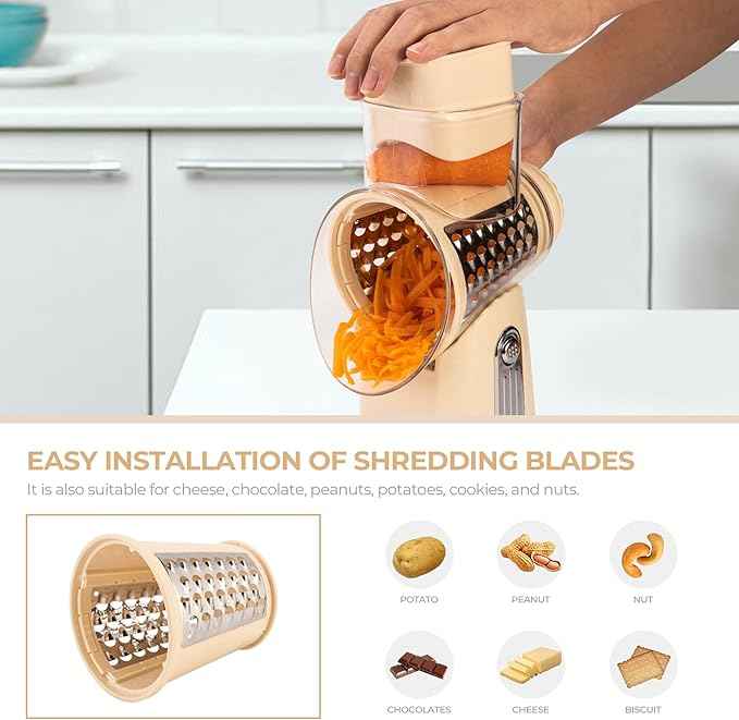 SUSTEAS Rotary Cheese Grater with Handle - Vegetable Shredder with 5 Well-designed Blades & Strong Suction Base,Round Mandoline Slicer & Food Chopper for Kitchen,with Blade Storage Box(Beige)