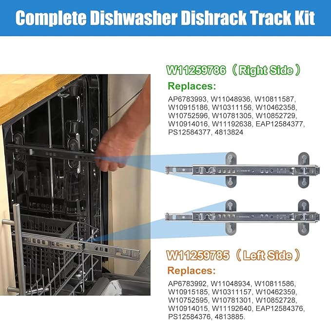 Upgraded W11259786 W11259785 Dishwasher Dishrack Slide Track-Left Right Hand For Whirlpool Kenmore Kitchenaid Dishwasher Upper Rack Track Parts KDTE334GPS0 KDTM354DSS4,Fits WPW10546503 Rack Adjuster