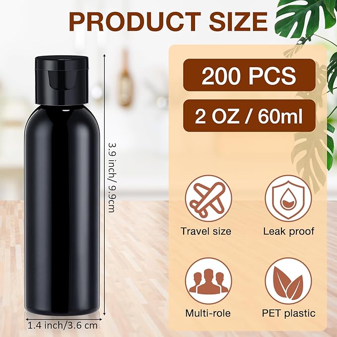 Zhehao 200 Pcs 2 oz Black Plastic Empty Bottles Small Travel Size Bottles with Flip Cap Empty Transparent Dispenser Container for Liquids Toiletries Shampoo Lotion(Black Cap)