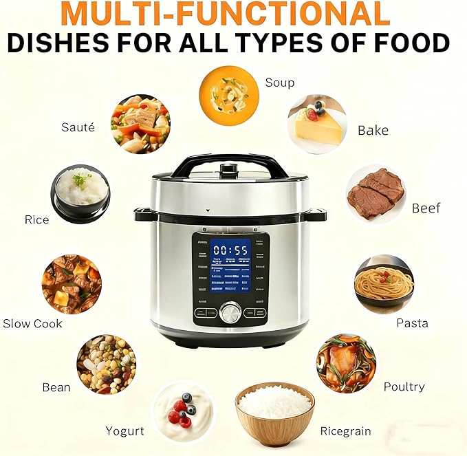 Simple Deluxe 6.34Qt 24-in-1 Electric Multi Cooker, Stainless Steel Pressure Cooker with Non-Stick Pot, Ideal for Slow Cook, Steam, Rice, Bake, Porridge, Meat & Poultry, Dishwasher Safe, Silver