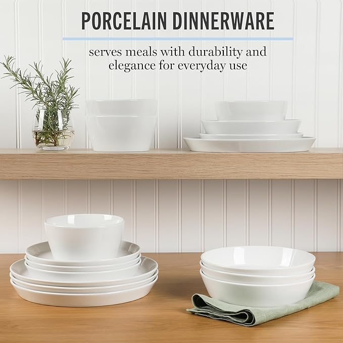 Martha Stewart Selma Chip & Scratch Resistant Dinnerware Set – White Plates and Bowls, Durable Dishwasher and Microwave Safe Dishes Set for Everyday Use