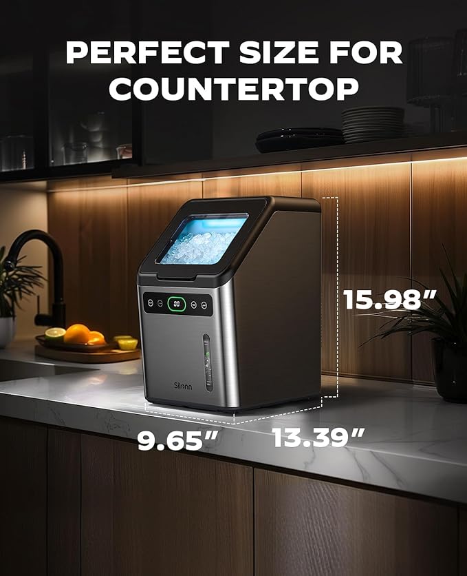 Silonn Nugget Ice Makers Countertop,Timer Pebble Ice Maker with Soft Chewable Ice, 44lbs per Day Ice Machine with Self-Cleaning,One-Click Operation, Stainless Steel