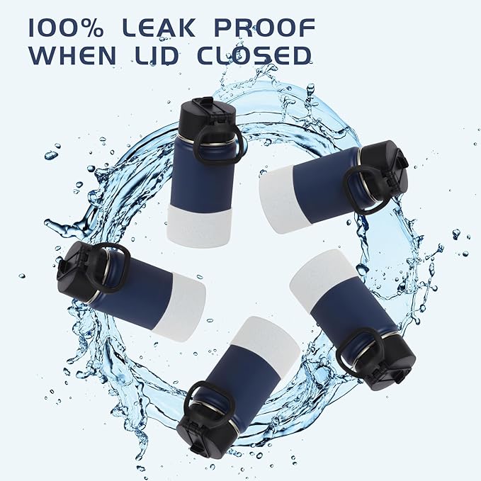 Volhoply 14oz Water Bottle with Straw Lid and Silicone Boot Bulk 6 Pack,Stainless Steel Insulated Cups for Boys & Girls Multipack,Double Wall Vacuum Leakproof KIds Bottles(Navy,6)