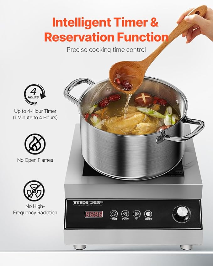 VEVOR Portable Commercial Cooktop, 5000W Induction Burner with 16 Temp Settings, Stainless Steel Countertop Induction Hot Plate with 4H Timer, Child Lock