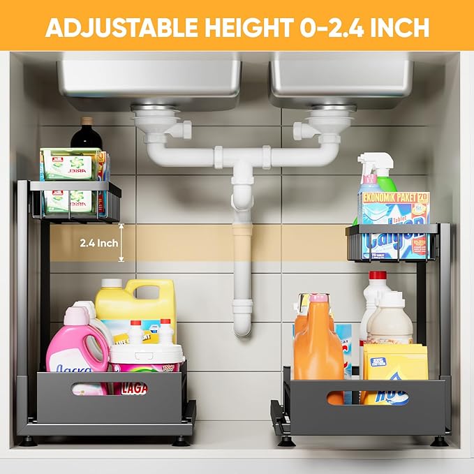 Saydear Under Sink Organizer Storage 2-Tier Premium Metal Pull-Out Racks, Height Adjustable, Easy Installation | Kitchen & Bathroom Organizers