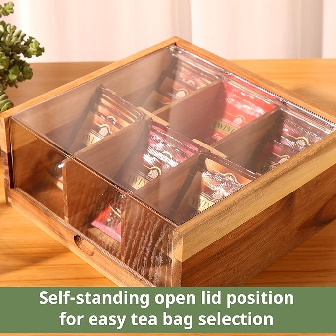 HTB Acacia Wood Tea Bag Organizer Storage, Gift Box 6 Compartments Tea Chest Box with Acrylic Transparent Hinged Lid