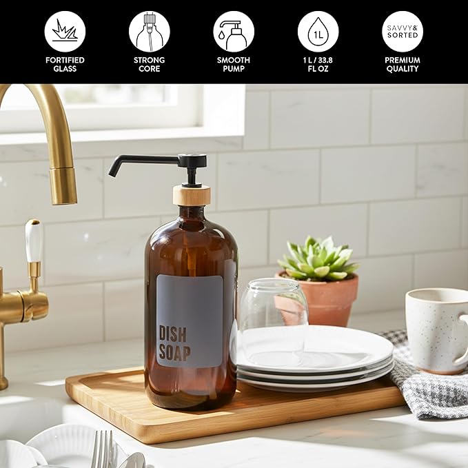 SAVVY & SORTED Amber Glass Dish Soap Dispenser for Kitchen Sink 1 Liter, Large Kitchen Soap Dispenser Set with Permanent Label, Refillable Glass Bottle for Dish Washing Liquid, 34 Fl Oz